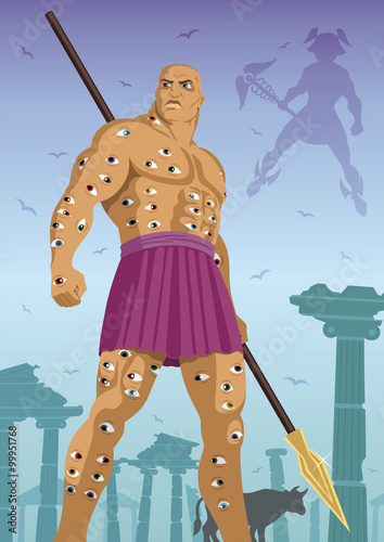 Argus All-Seeing/The hundred eyed giant Argus All-seeing, standing guard over the cow Io. God Hermes is coming to steal the cow. 
