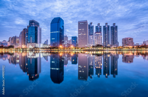 Bangkok city downtown at morning with reflection of skyline, Thailand
