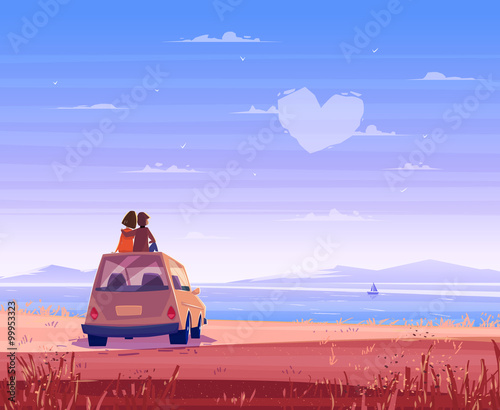 Boy and girl look over the sea. Romantic day. Vector cute illustration.