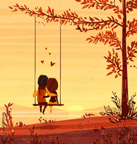 Boy and girl looking at the sunset Romantic night.. Vector cute illustration.