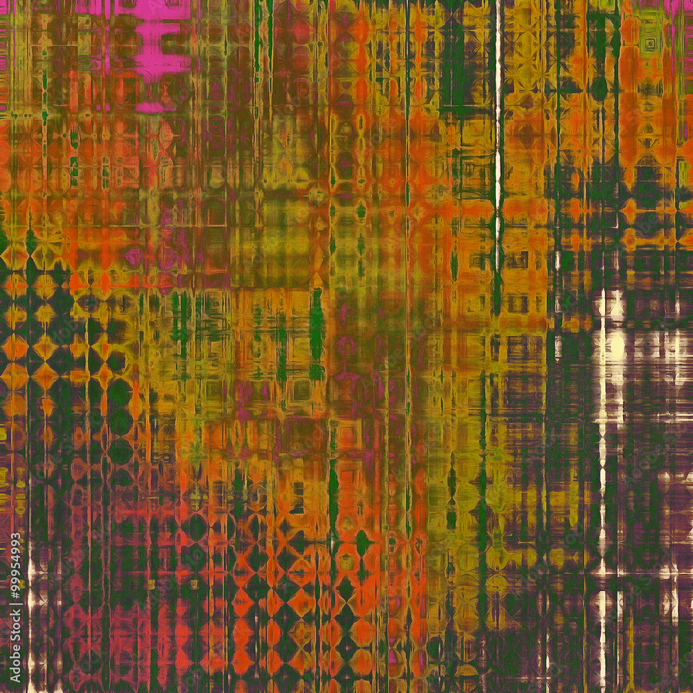 Abstract grunge background with retro design elements and different color patterns: brown; red (orange); green; purple (violet)