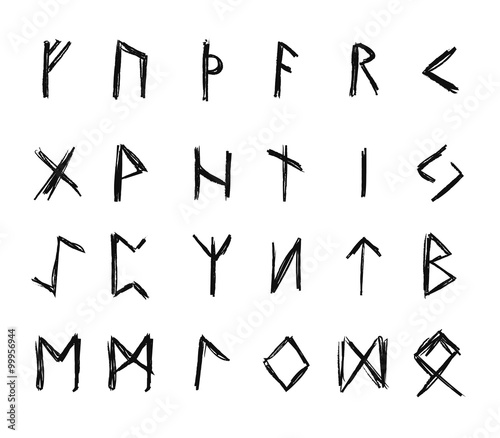 Alphabet with ancient Old Norse runes (Futhark) Set of 24 scandinavian and germanic letters on square white landscape background.