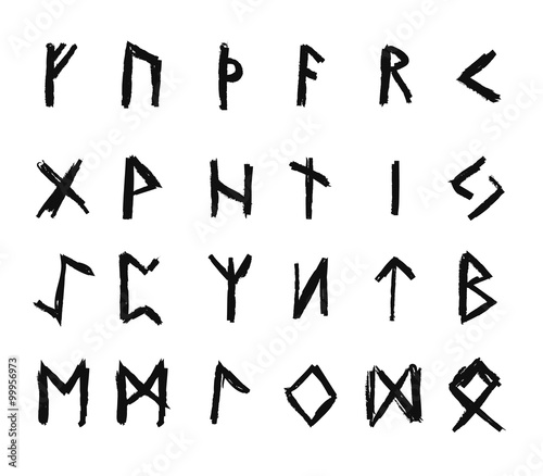 Alphabet with ancient Old Norse runes (Futhark) Set of 24 scandinavian and germanic letters on square white landscape background.