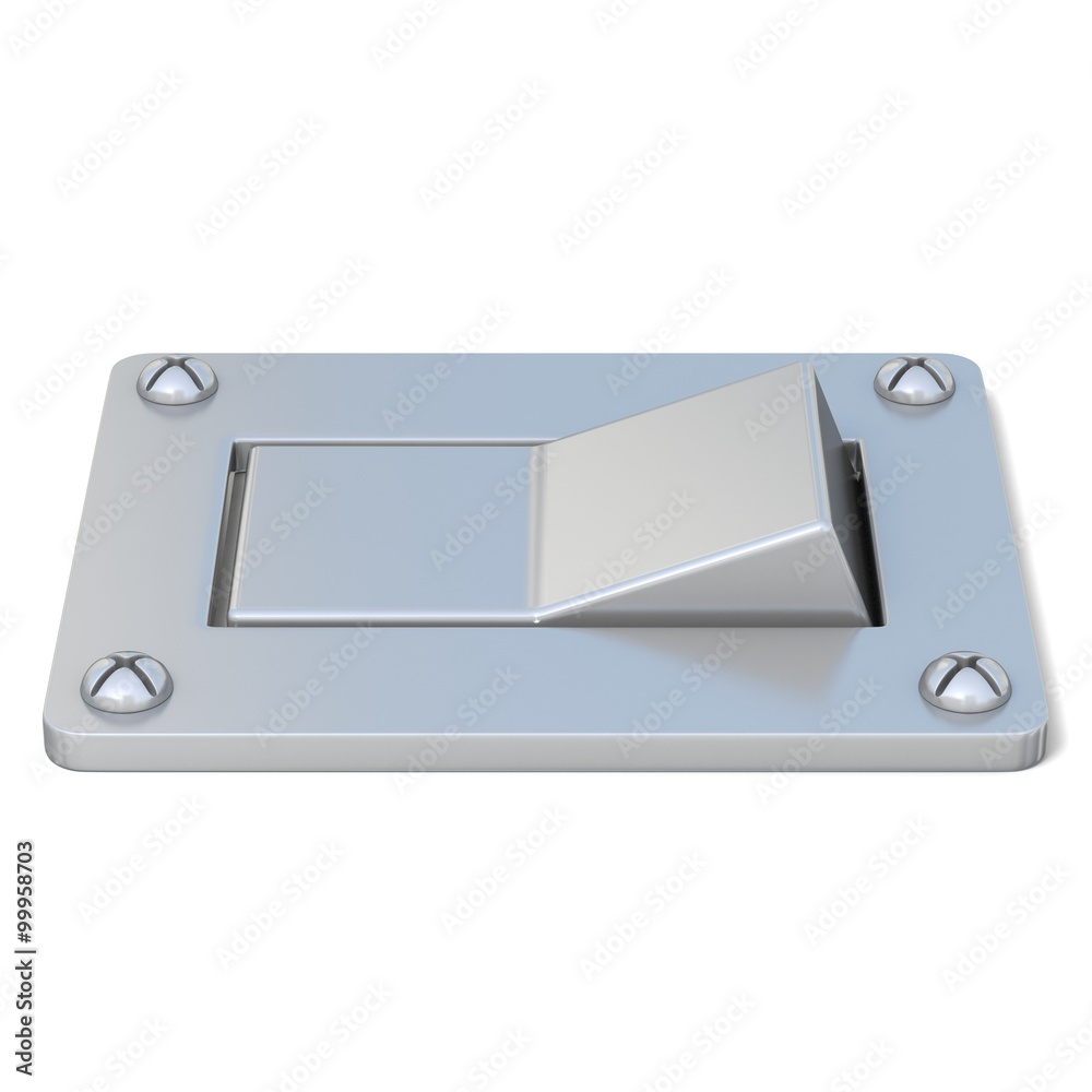 Blank, silver, power switch button. Side view. 3D render illustration isolated on white background Blank, silver, power switch button. Side view. 3D render illustration isolated on white background
