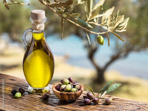 Fotografie, Obraz Olivový olej a bobule jsou na dřevěném stole pod olivového tr