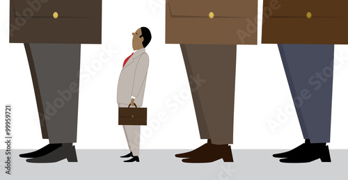 Tiny businessman standing in line, representing a small business, EPS 8 vector illustration