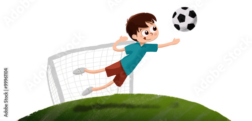 Dibujo de un niño parando un gol en una portería jugando al fútbol. Está haciendo deporte de noche. El balón vuela hacia sus manos. photo