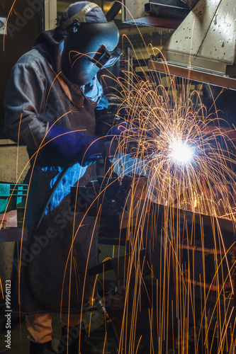 movement worker with protective mask welding metal