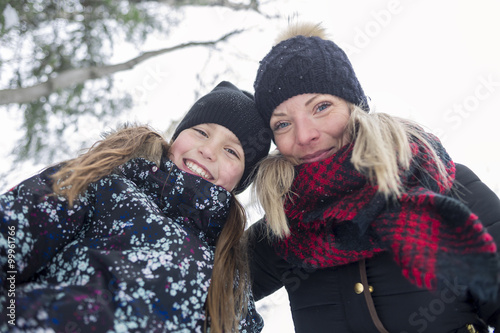 Mother and daughter having fun in the winter park