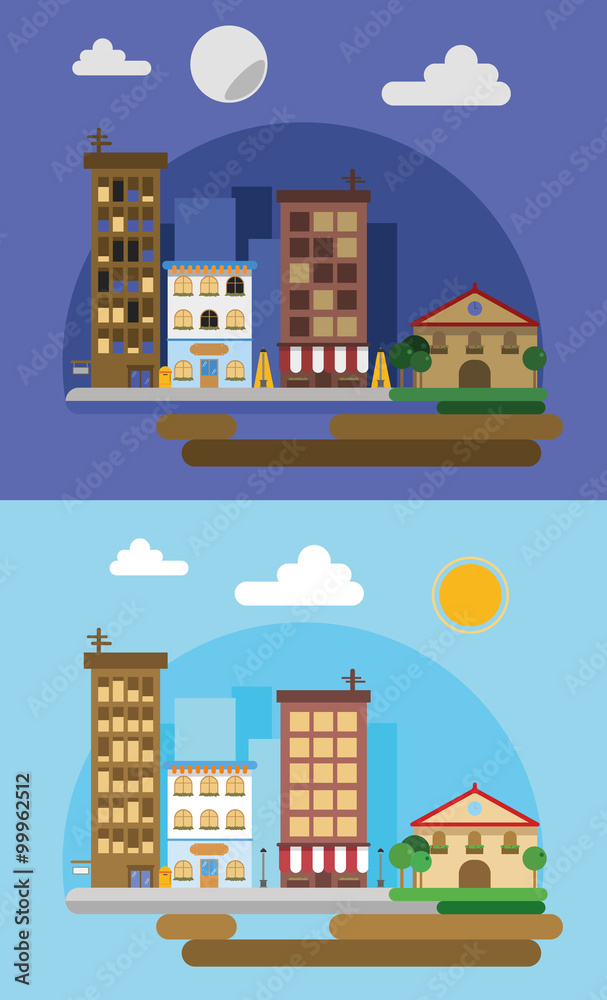 Paisaje urbano de una ciudad, con edificios, jardines y árboles, de día y de noche. Ilustración de vector