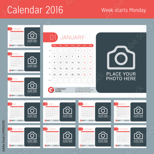 Calendar for 2016 Year. Vector Design Calendar Template with Place for Photo. Week Starts Monday. Set of 12 Months.