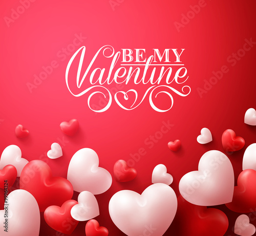Realistic 3D Colorful Romantic Valentine Hearts in Red Background Floating with Happy Valentines Day Greetings. Vector Illustration

