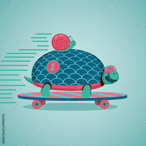 Slow but fast.Turtle and snail are riding on a skateboard.