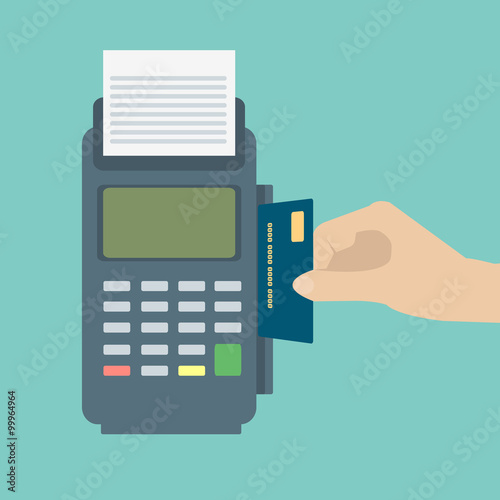 Hand inserting credit card to a POS terminal. Payment terminal . Flat design vector