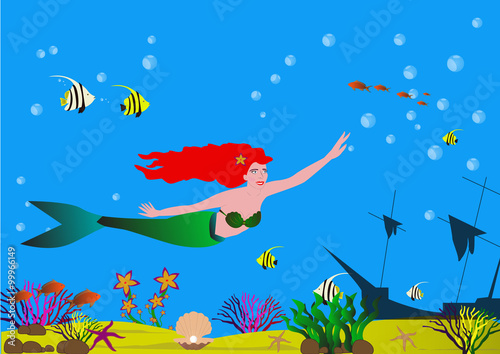 Beautiful mermaid with red hair in the sea bottom with shells, algae, fish and sandy bottom 