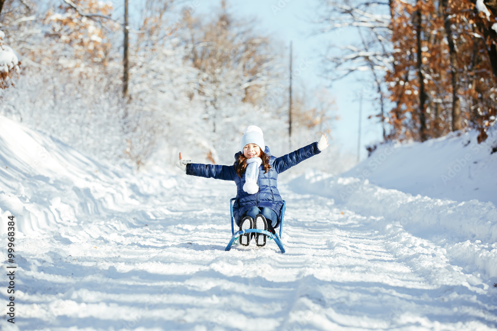 Little girl on sleigh