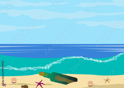 Coast and sea waves. A bottle with a note on the coast and seashells