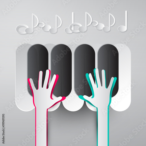 Paper Hands Playing Piano Keyboards with Notes Vector Illustration