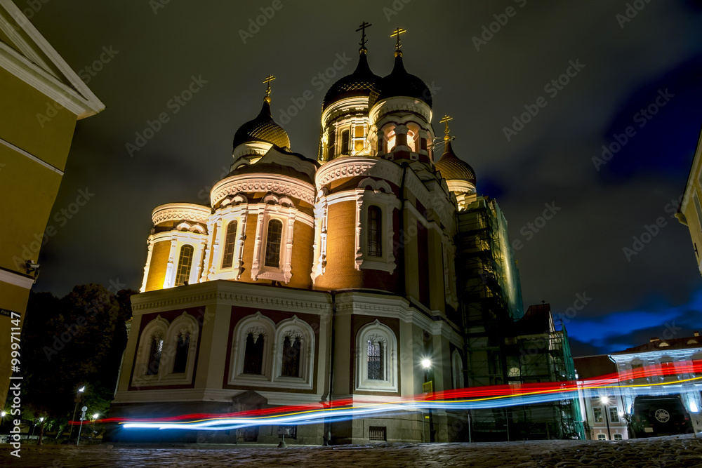 View of Alexander Nevsky Cathedral in Tallinn in the evening lig