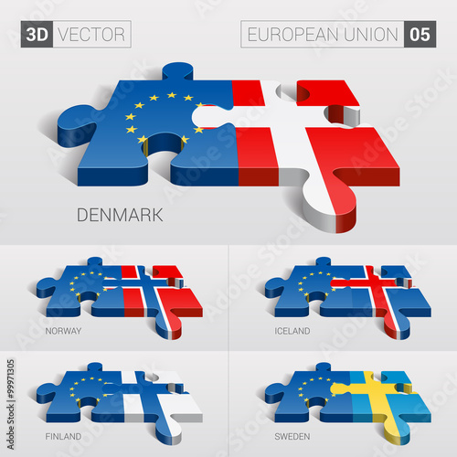 European Union and Denmark, Iceland, Norway, Finland, Sweden Flag. 3d vector puzzle. Set 05.