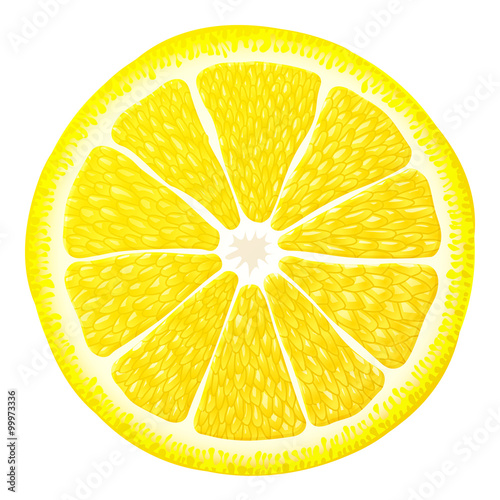 Lemon slice close up. Section of lemon fruit isolated on white