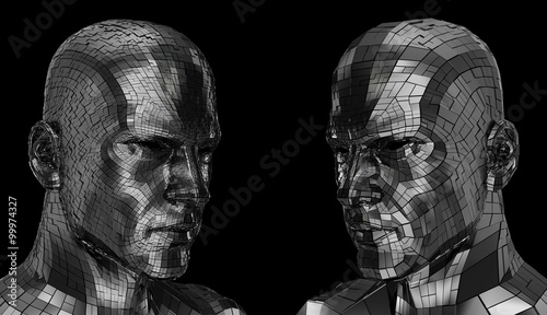 Two Robots face looking sideway through the camera 