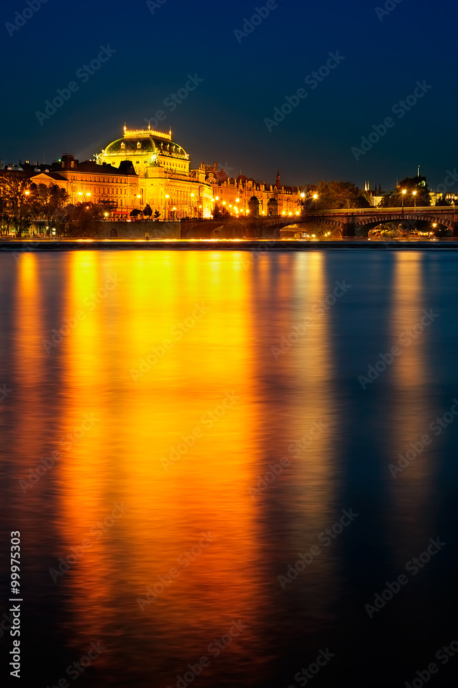 National theatre reflection at vltava river, Prague, Czech republic