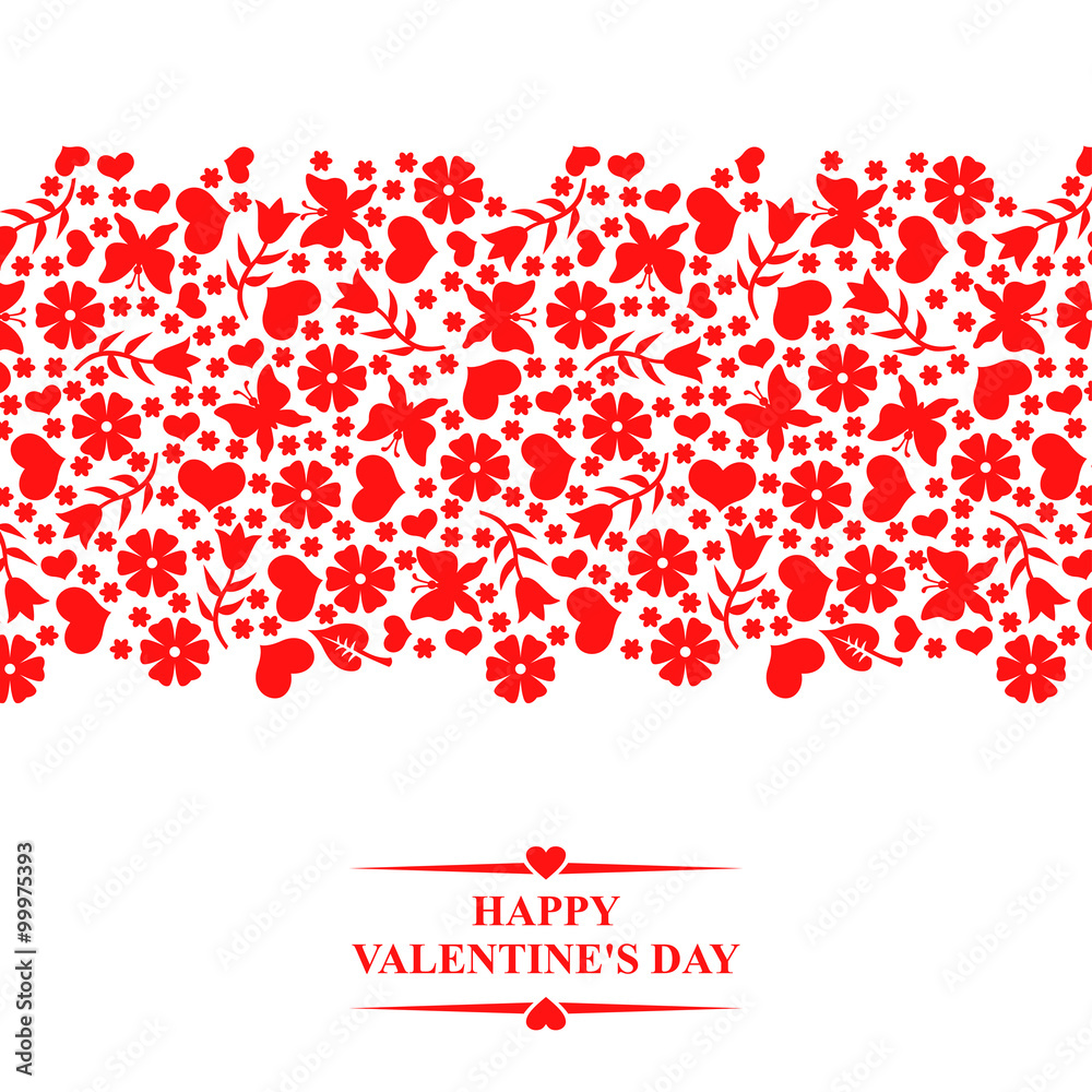 Valentines card with horizontal red floral ornament