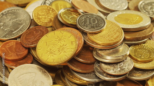Golden different coins collection background rotating, loop ready