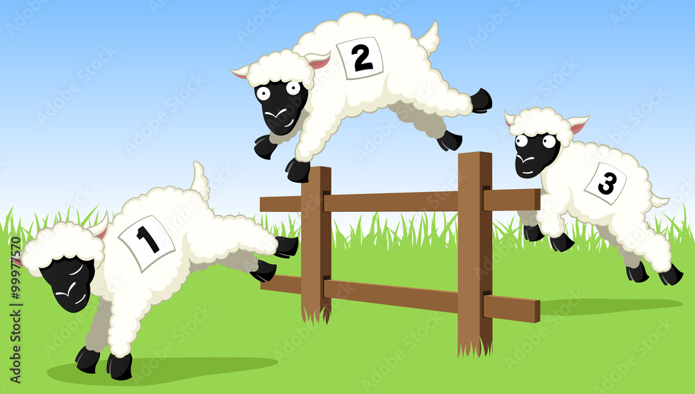 Naklejka premium Vector illustration of three cartoon sheep jumping over a fence.