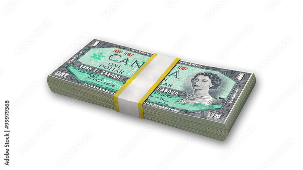 Stack of $1 Canadian dollar bills isolated on white background Stack of $1 Canadian dollar bills isolated on white background