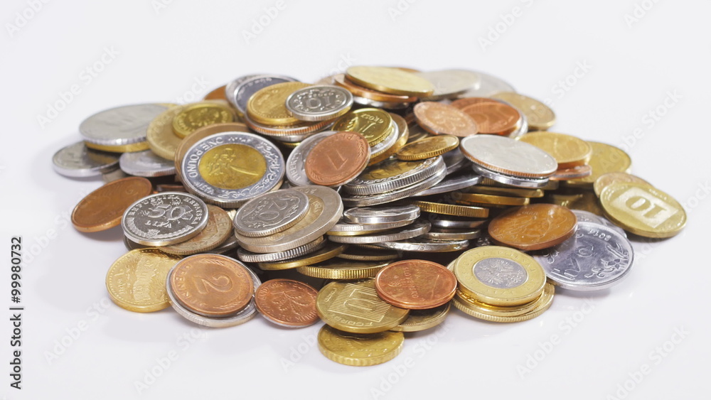 Many old different coins heap rotating over white, loop ready Many old different coins heap rotating over white, loop ready
