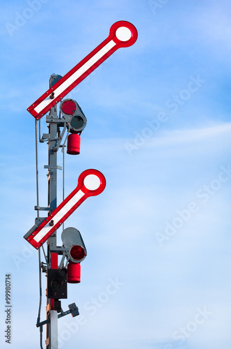 Departure Train Signal shows Go-Ahead / Old double railway signal from steam locomotive era in action