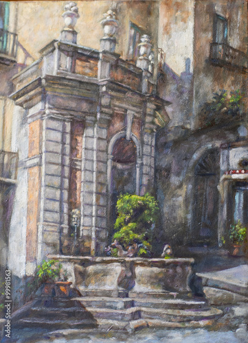 oil painting of the fountain with fish