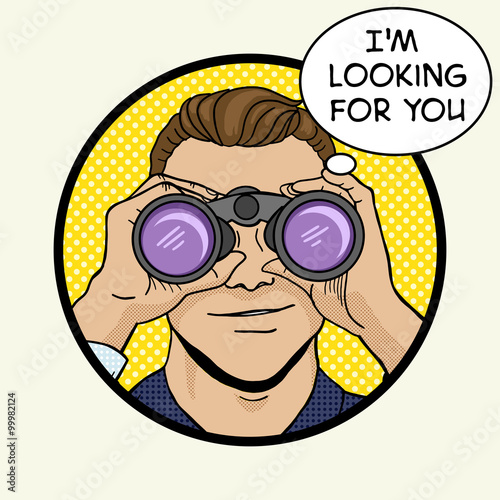 Businessman looks through binocular pop art vector