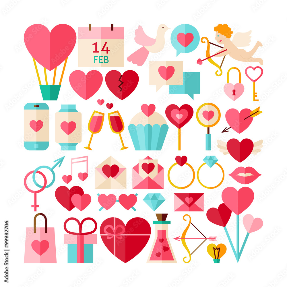 Big Flat Style Vector Collection of Valentine Day Objects
