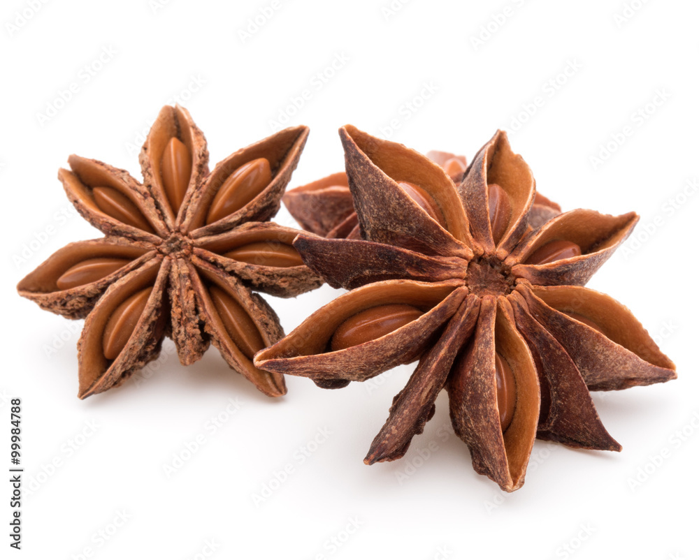Star anise spice fruits and seeds isolated on white background c Star anise spice fruits and seeds isolated on white background c