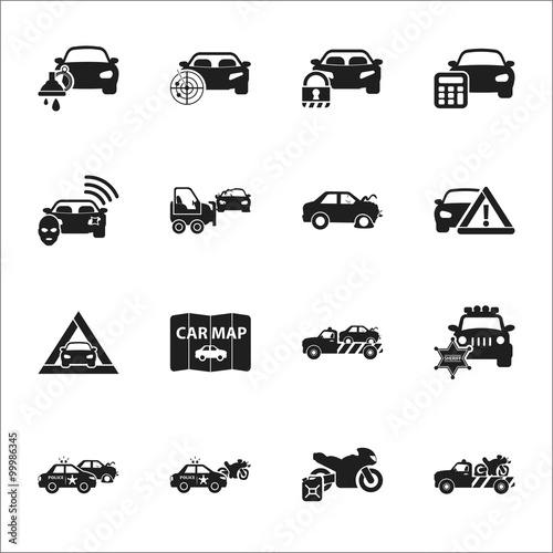 car, accident 16 black simple icons set for web