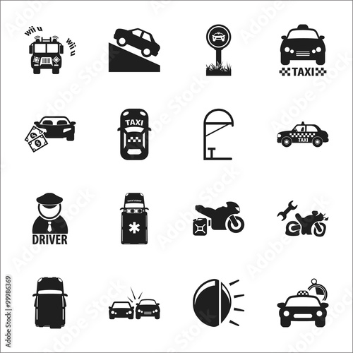 car, accident 16 black simple icons set for web