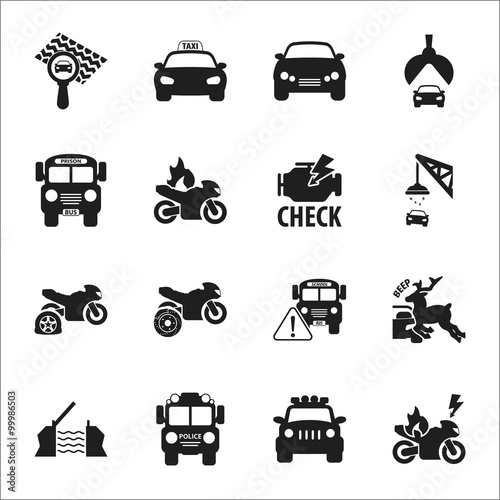 car, accident 16 black simple icons set for web