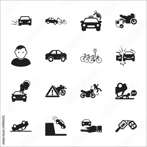 car, accident 16 black simple icons set for web