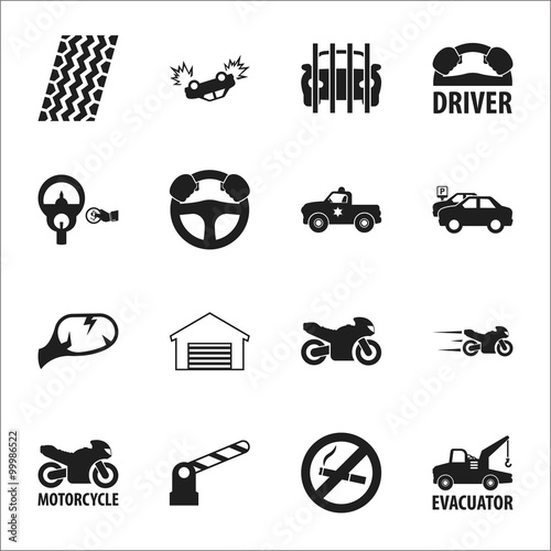 car, accident 16 black simple icons set for web