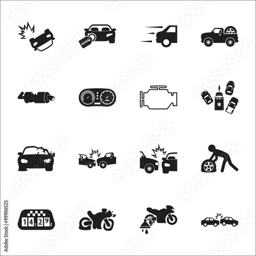 car, accident 16 black simple icons set for web