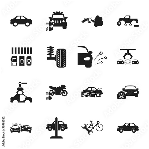 car, accident 16 black simple icons set for web