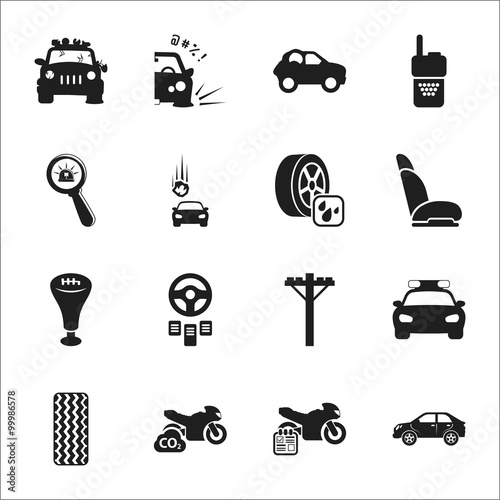 car, accident 16 black simple icons set for web