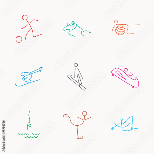 Pilates, football and skiing icons. Fishing.