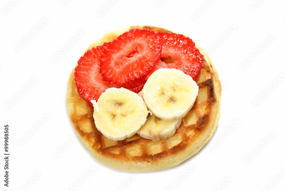 Waffle with Banana and Strawberry Slices