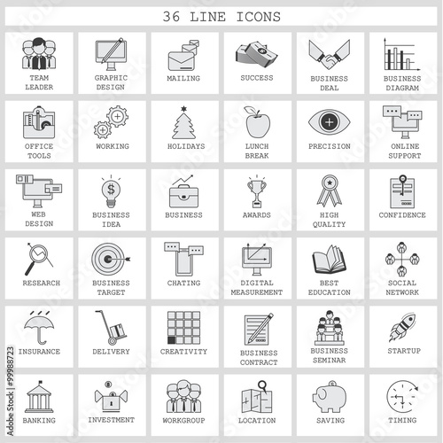 Thin Line Icons Set - Isolated On Background - Vector Illustration, Graphic Design. Collection Of: Investment, Seminar, Creativity, Target, Social Network, Delivery, Startup, Location Icons
