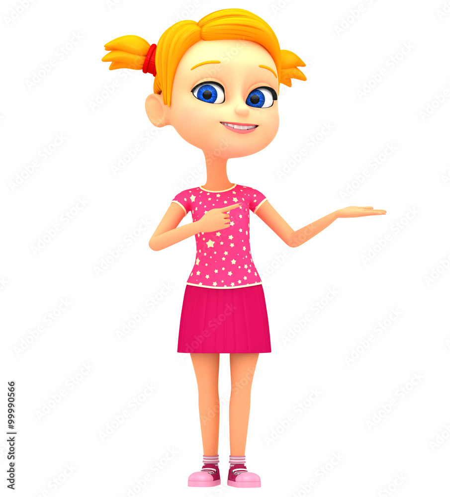 Girl isolated on white background finger points to an empty spac Girl isolated on white background finger points to an empty spac