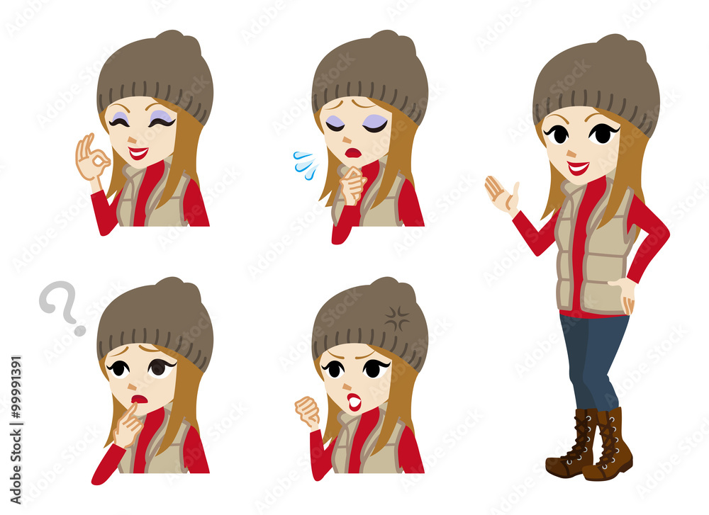 Winter casual fashioned girl full length and Facial expression set Winter casual fashioned girl full length and Facial expression set